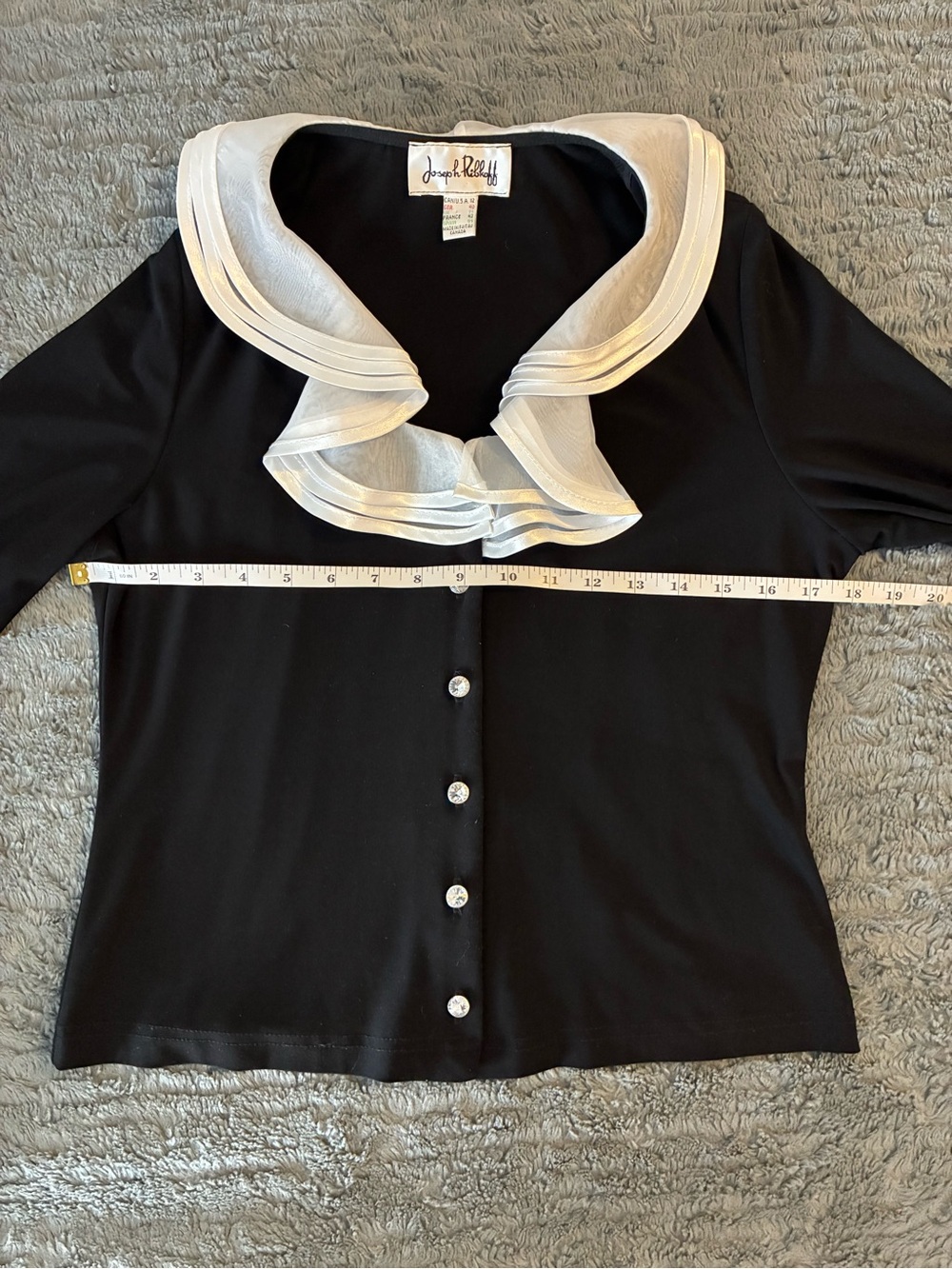 Joseph Ribkoff Black Blouse with White Ruffle Collar and Cuffs - Picture 9 of 11